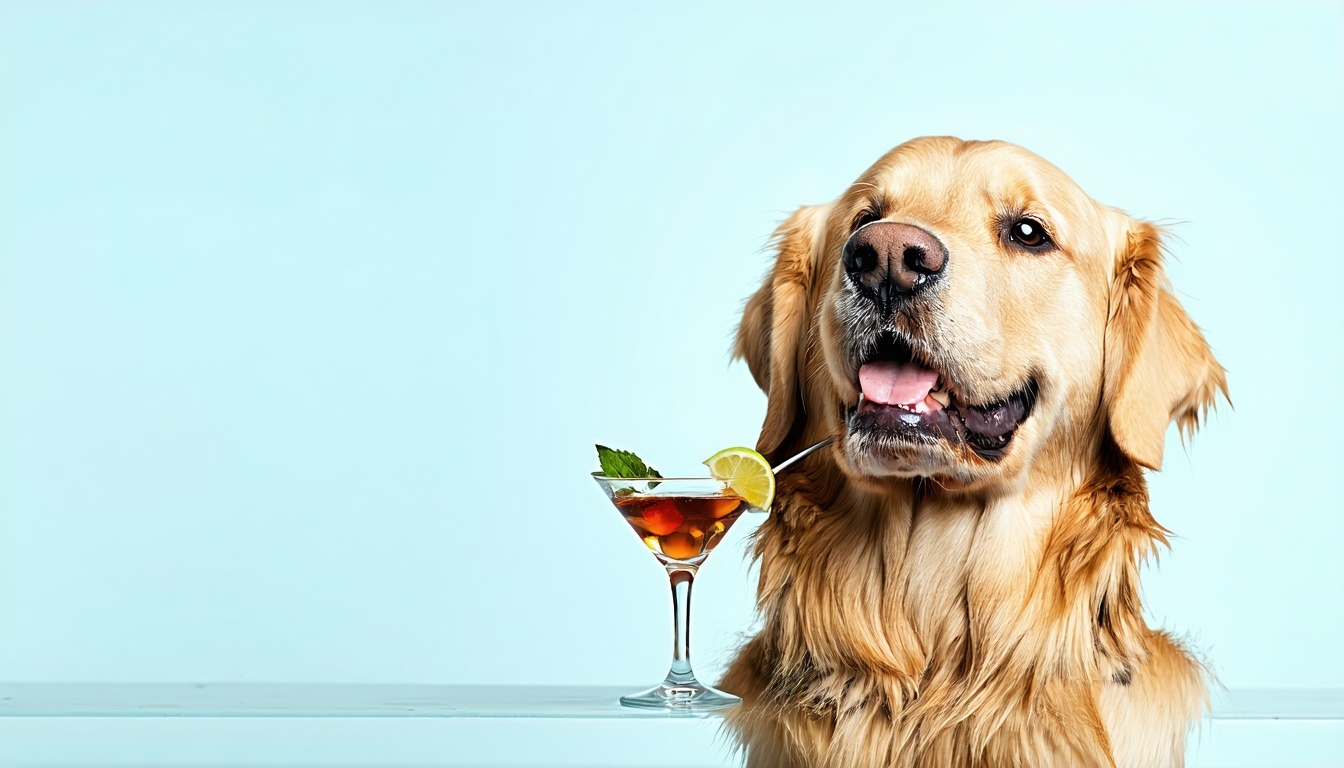 Custom pet cocktail illustration featuring a golden retriever with a martini glass