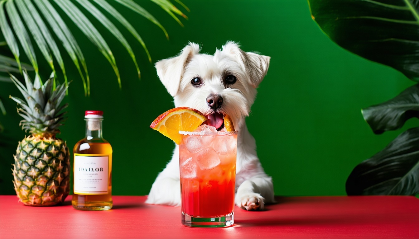 Unique digital party gift art of a dog in a tropical cocktail setting