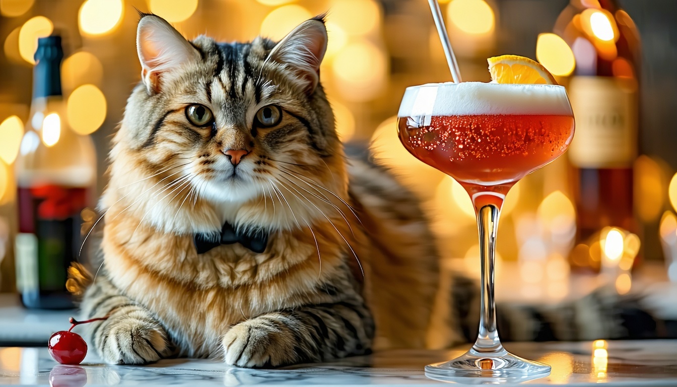 Personalized wedding cocktail art with a cat and champagne flute